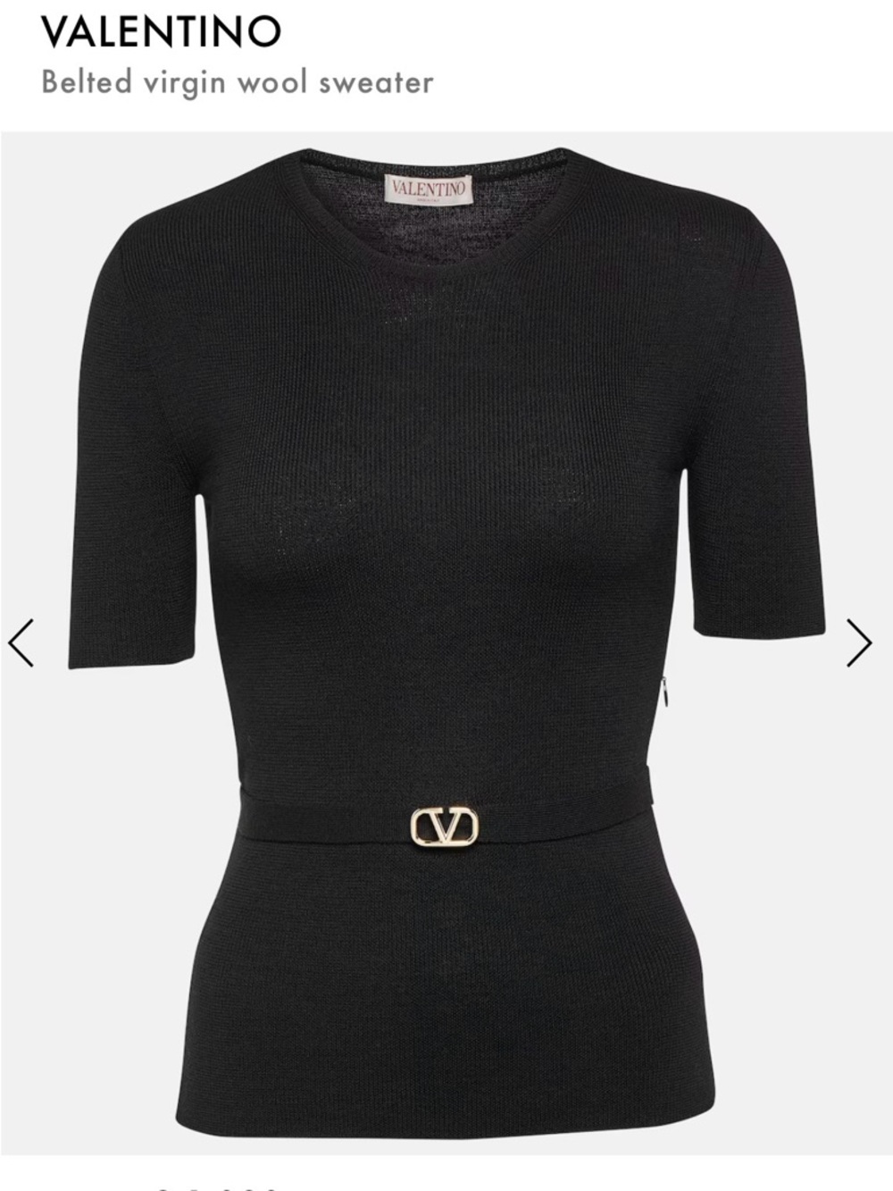 Valentino Black Short-Sleeve Virgin Wool Sweater with Gold V-Buckle Belt